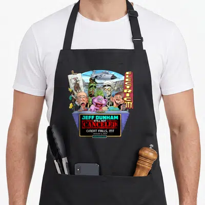 Jeff cute fall aprons - Jeff Dunham Still Not Canceled Great Falls MT Aug 2 2024 puppet cluster cartoon art — shown on a black cotton canvas apron against a white background