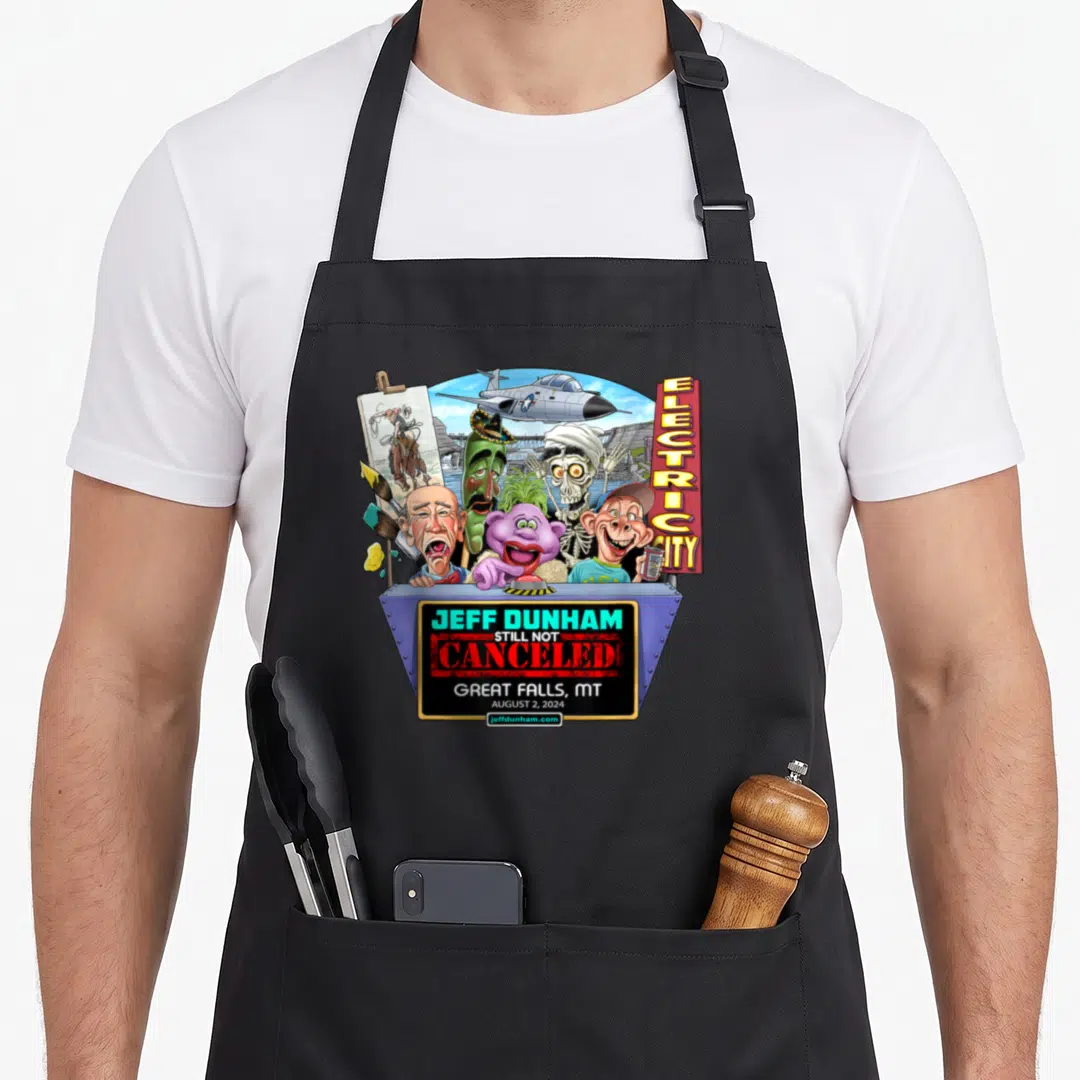 Jeff cute fall aprons - Jeff Dunham Still Not Canceled Great Falls MT Aug 2 2024 puppet cluster cartoon art — shown on a black cotton canvas apron against a white background