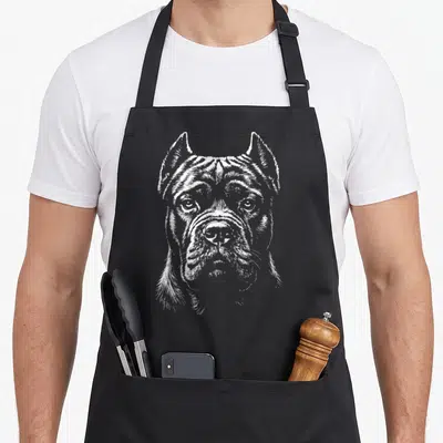 Illustration cane apron - White line art portrait of a Cane Corso dog head on grey background — shown on a black cotton canvas apron against a white background