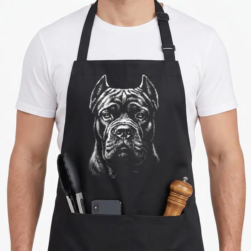 Illustration cane apron - White line art portrait of a Cane Corso dog head on grey background — shown on a black cotton canvas apron against a white background