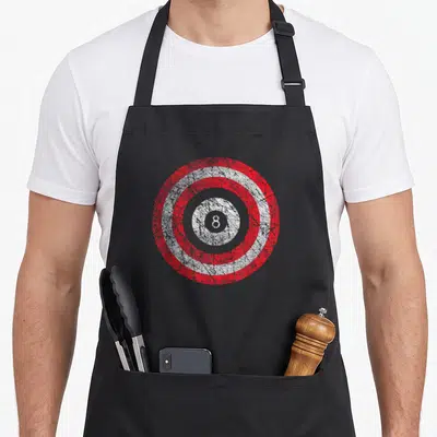 Pool patriotic apron - Distressed red white and grey concentric circle design with central number 8 — shown on a black cotton canvas apron against a white background