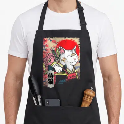 Kitten japan apron - White samurai cat with bandages and katana in front of red sun and pink flowers — shown on a black cotton canvas apron against a white background