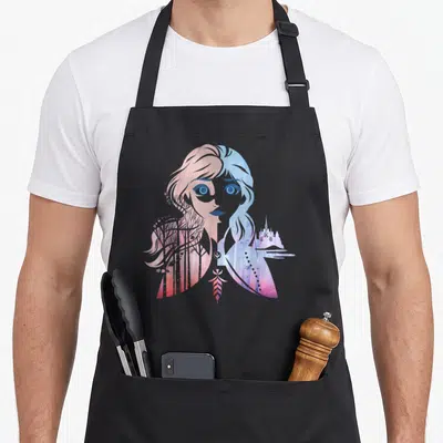 Anna two tone apron - Watercolor portrait silhouette filled with pink trees and blue purple castle — shown on a black cotton canvas apron against a white background