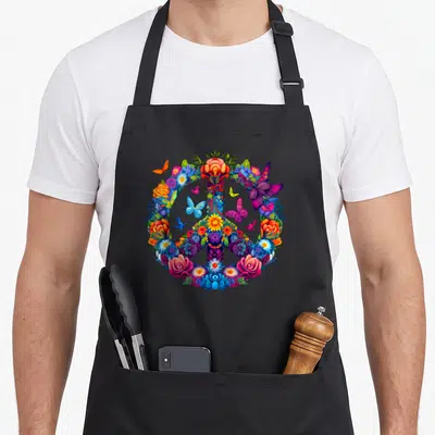 Peace colorful aprons - Cartoon peace sign formed by multicolored flowers, butterflies, and leaves in blue pink yellow — shown on a black cotton canvas apron against a white background