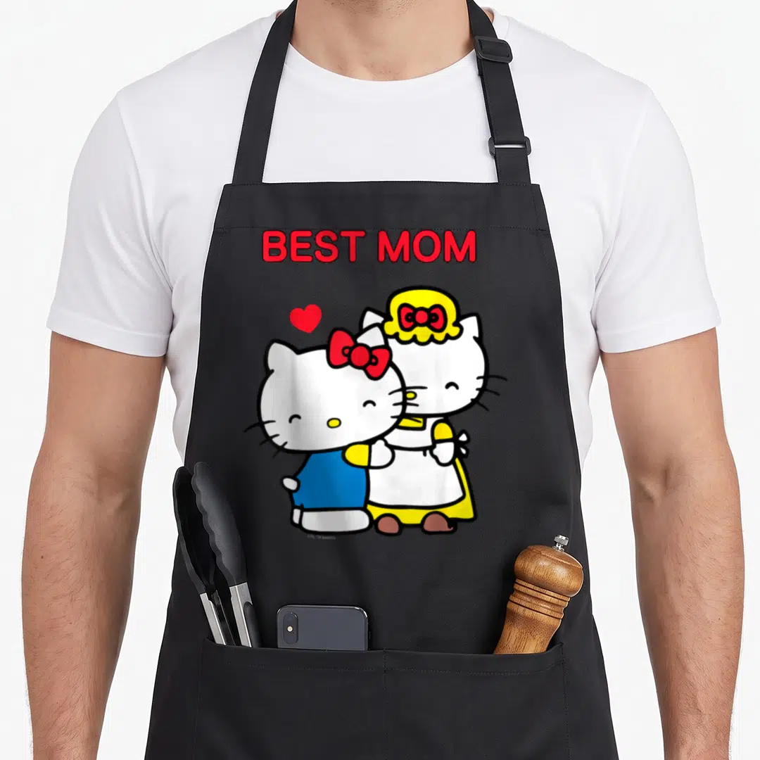 Funny mother's day aprons - Two Hello Kitty characters hugging below red BEST MOM text with a small floating heart — shown on a black cotton canvas apron against a white background