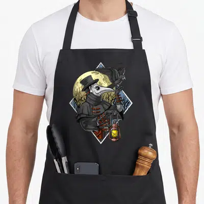 Plague gothic apron - Plague doctor with raven and lantern inside diamond frame against moon and trees — shown on a black cotton canvas apron against a white background