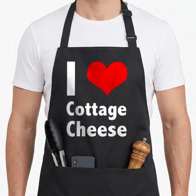 Vintage cheese cottage apron - White I red heart and stacked Cottage Cheese text on black background — shown on a black cotton canvas apron against a white background
