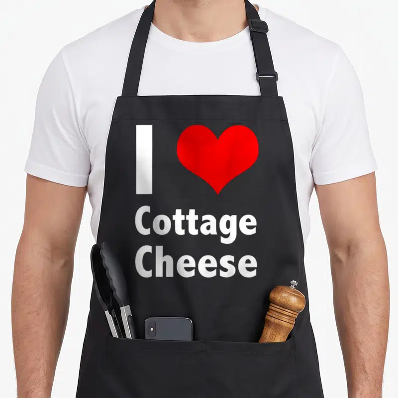 Vintage cheese cottage apron - White I red heart and stacked Cottage Cheese text on black background — shown on a black cotton canvas apron against a white background
