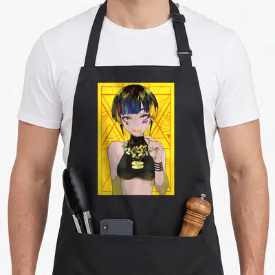Vintage japanese anime apron - Woman with rainbow hair and MIVELL text on yellow geometric background — shown on a black cotton canvas apron against a white background