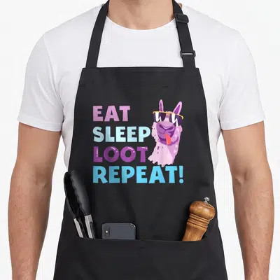 Eat birthday apron - Llama with sunglasses next to stacked EAT SLEEP LOOT REPEAT text in purple blue yellow — shown on a black cotton canvas apron against a white background