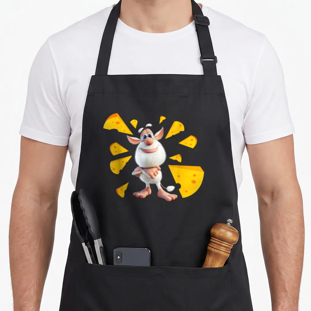 Cheese target apron - White cartoon mouse surrounded by yellow cheese wedges in a circle — shown on a black cotton canvas apron against a white background