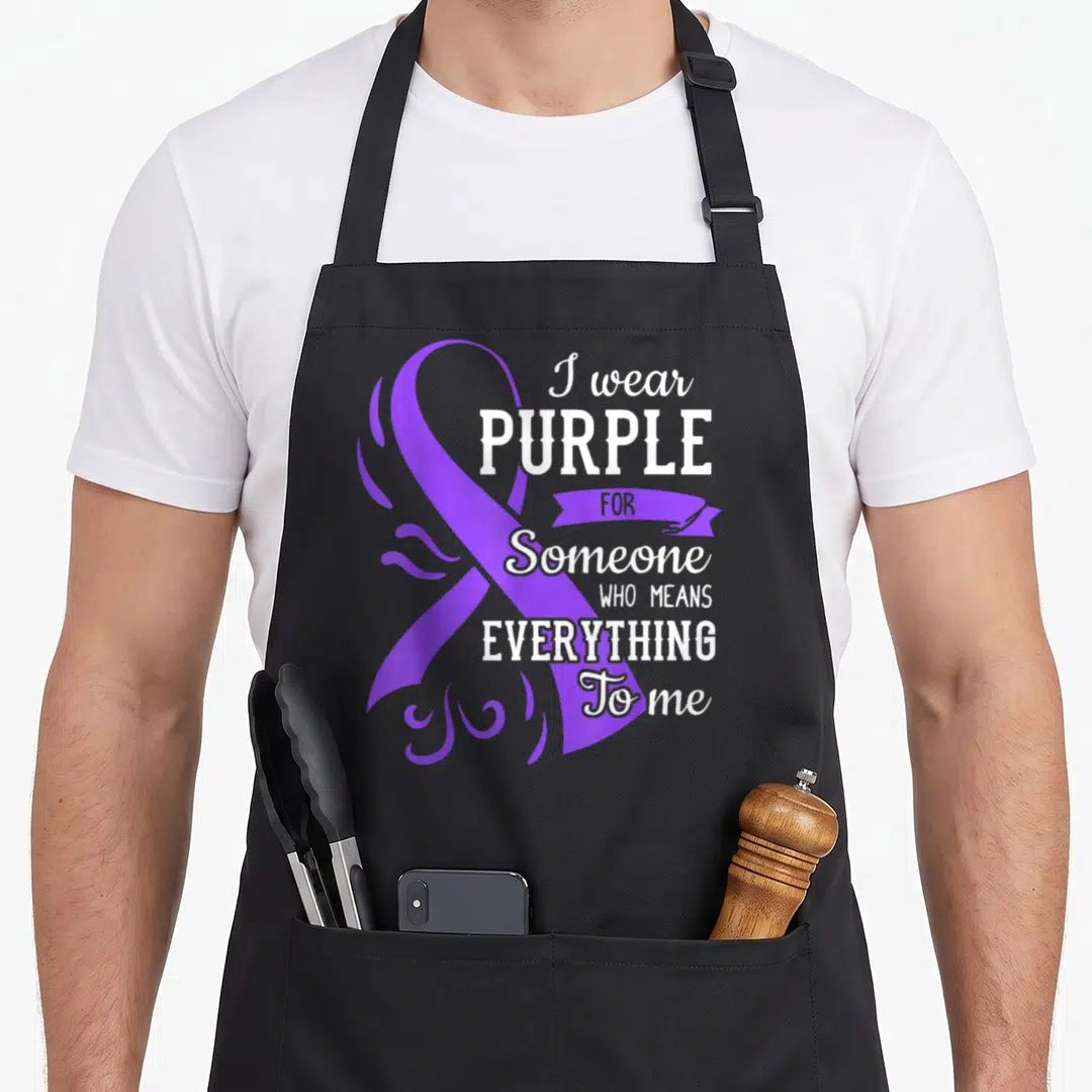 Someone insomnia awareness apron - Purple ribbon and white text I wear PURPLE FOR Someone WHO MEANS EVERYTHING To me — shown on a black cotton canvas apron against a white background