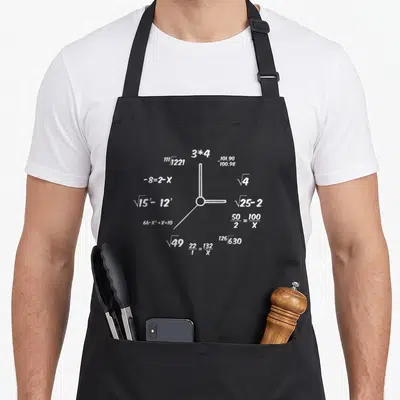 Clock creative apron - White clock hands surrounded by math equations like 3*4 and sqrt(49) — shown on a black cotton canvas apron against a white background
