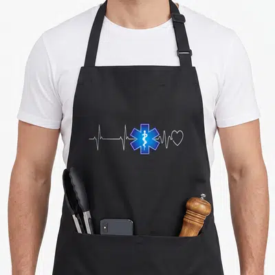 Ekg emt apron - Blue Star of Life with white EKG line and heart outline, no text — shown on a black cotton canvas apron against a white background