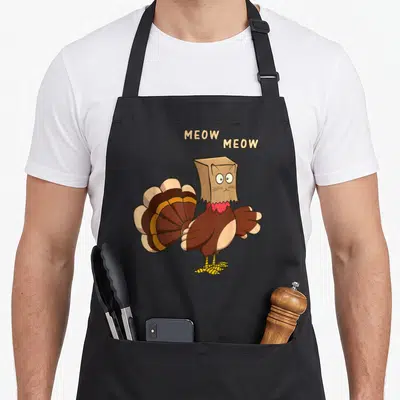 Cat turkey apron - Cartoon turkey in paper bag cat mask with two MEOW text bubbles above head — shown on a black cotton canvas apron against a white background