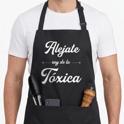 Alejate funny soy apron - White cursive text reading Alejate soy de la Tóxica with horizontal arrows — shown on a black cotton canvas apron against a white background