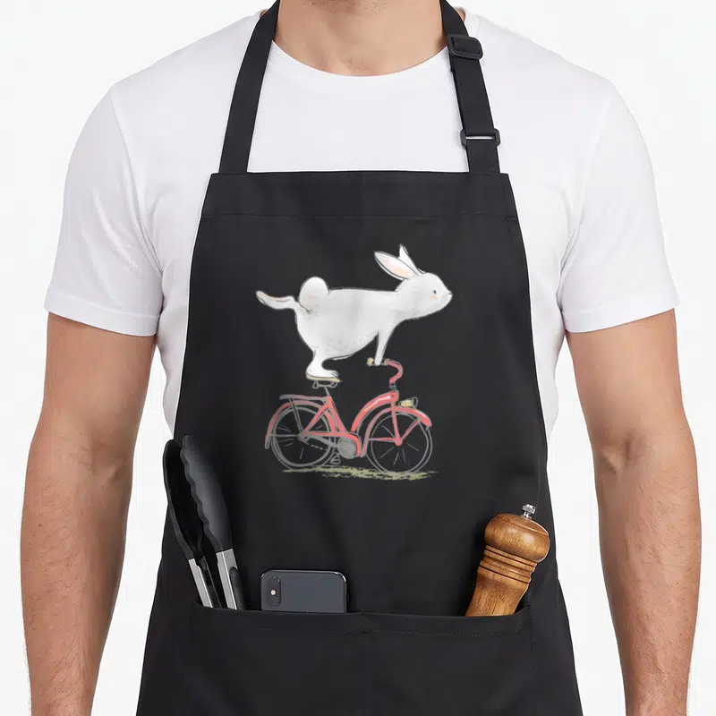 Bunny bicycle apron - White rabbit standing on red bicycle seat in cartoon style — shown on a black cotton canvas apron against a white background