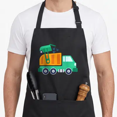 Earth truck apron - Cartoon green and orange garbage truck tipping dark blue recycling symbols into hopper — shown on a black cotton canvas apron against a white background