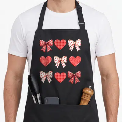 Leopard valentine's day apron - Nine red and pink hearts and bows in a checkerboard grid with leopard print details — shown on a black cotton canvas apron against a white background