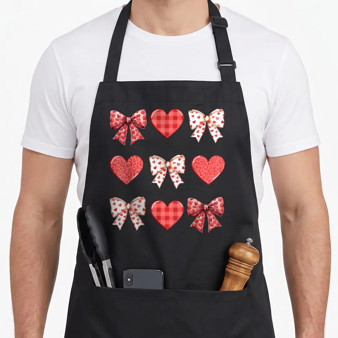 Leopard valentine's day apron - Nine red and pink hearts and bows in a checkerboard grid with leopard print details — shown on a black cotton canvas apron against a white background