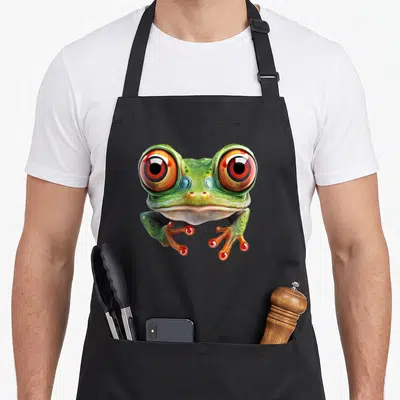 Body tree apron - Realistic green frog face with large orange eyes and red toes on black fabric — shown on a black cotton canvas apron against a white background