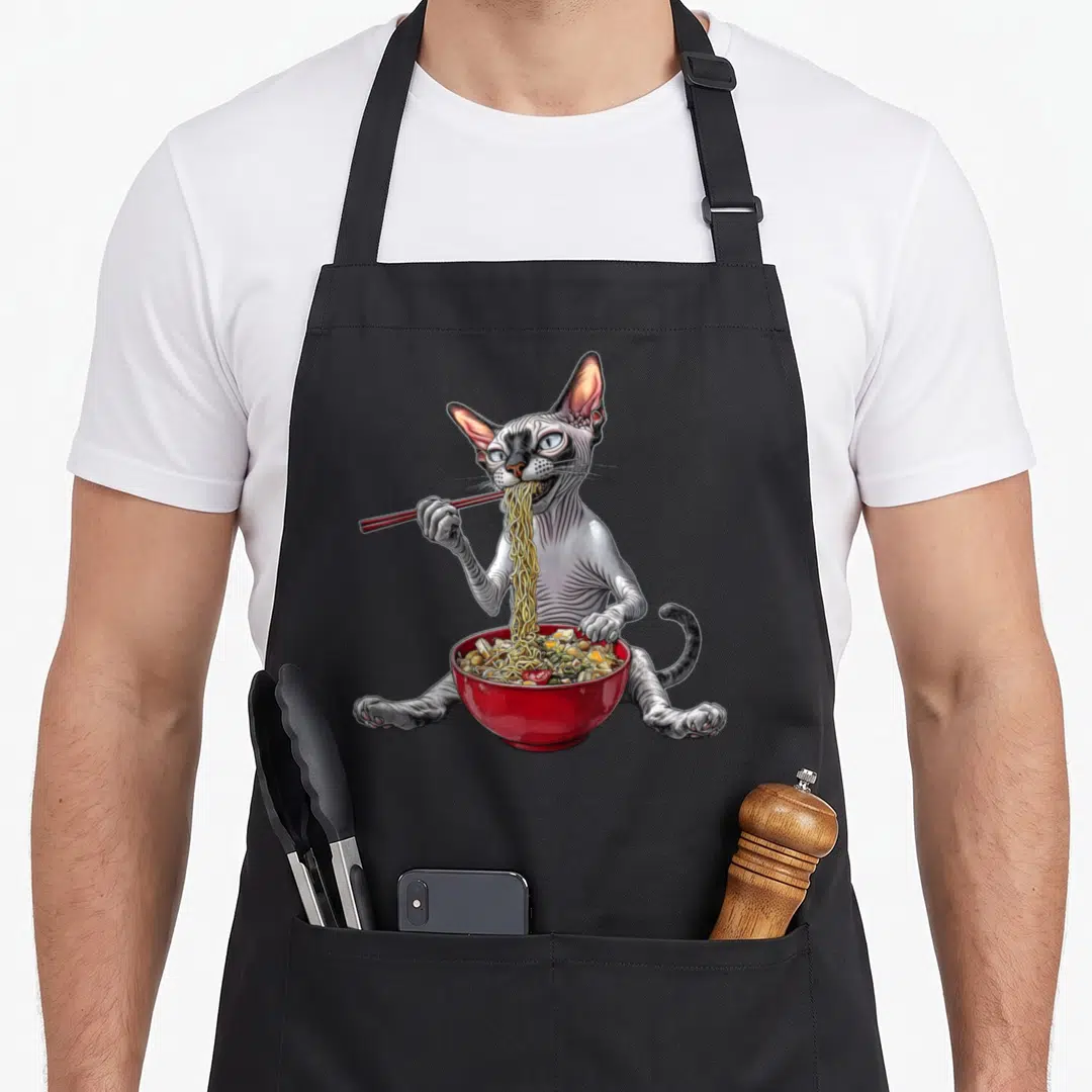 Sphynx japanese cat apron - Cartoon grey hairless cat eating yellow noodles from a red bowl with chopsticks — shown on a black cotton canvas apron against a white background
