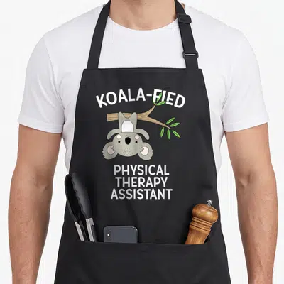 Koala my therapy apron - Hanging grey koala on brown branch with green leaves and white text — shown on a black cotton canvas apron against a white background
