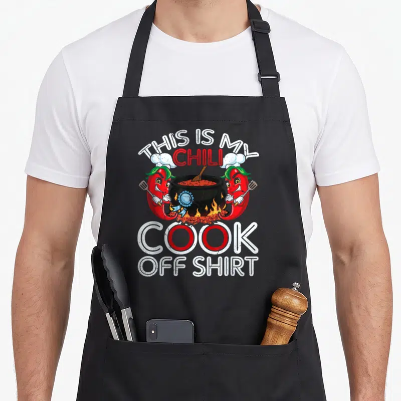 Das chili cook off apron - Cartoon chili pot with blue ribbon and two peppers in chef hats under arched text — shown on a black cotton canvas apron against a white background