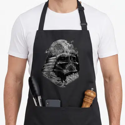 Build general apron - Darth Vader helmet formed by Death Star TIE fighters X-wings and Stormtroopers in line art — shown on a black cotton canvas apron against a white background