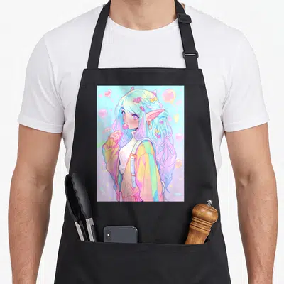 Waifu anime cooking apron - Pastel anime elf girl holding a lollipop with floating hearts and balloons on light blue — shown on a black cotton canvas apron against a white background