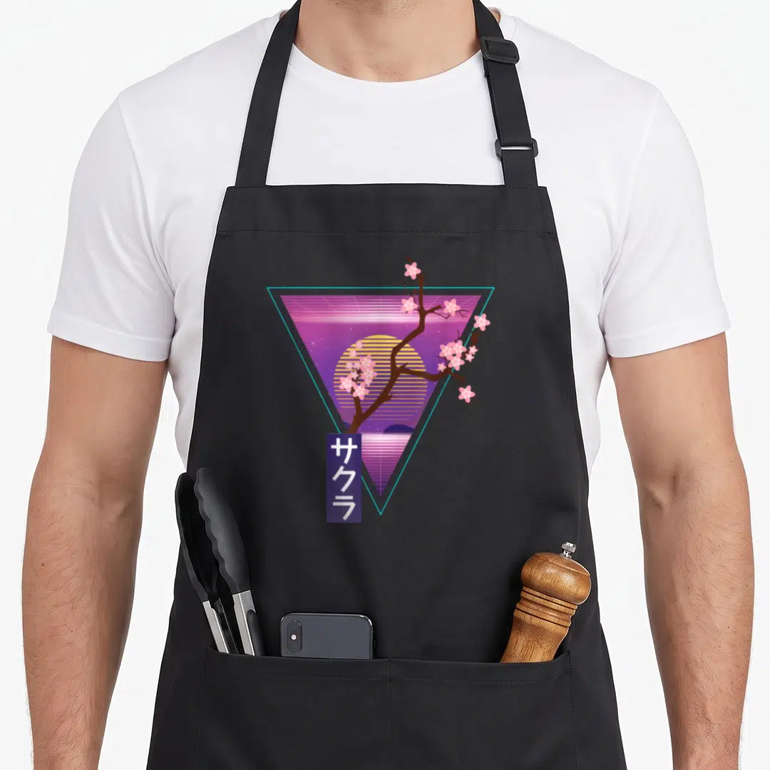 Vaporwave cherry print apron - Pink cherry blossom branch over purple sunset inside cyan triangle with vertical — shown on a black cotton canvas apron against a white background