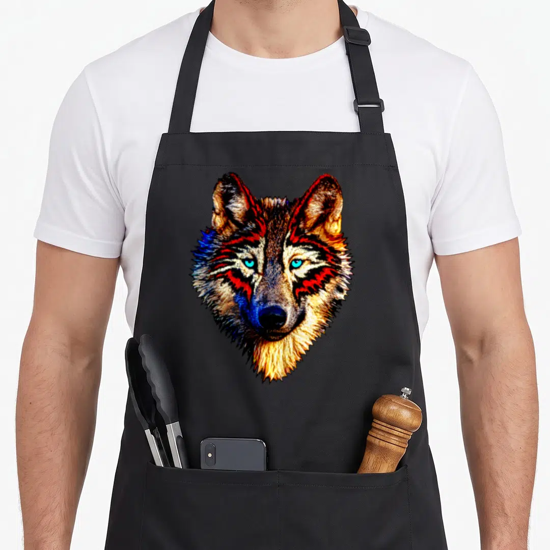 Sacred native american apron - Realistic wolf head in orange, blue, brown, and red colors — shown on a black cotton canvas apron against a white background