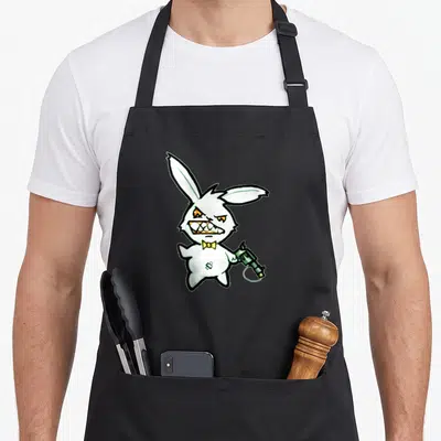 Bunny cartoon apron - White cartoon rabbit with yellow bow tie holding green gun — shown on a black cotton canvas apron against a white background