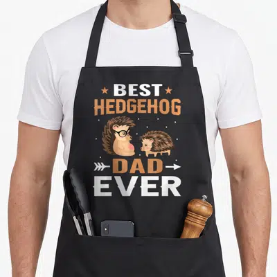 Hedgehog father apron - Two cartoon hedgehogs with stacked text best hedgehog dad ever in white and orange — shown on a black cotton canvas apron against a white background