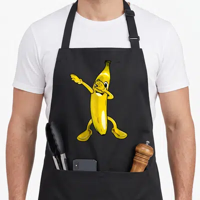 Dab banana apron - Yellow cartoon banana character with one hand covering eye and arm extended to side — shown on a black cotton canvas apron against a white background