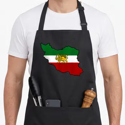 Iran lion apron - Map of Iran shape filled with green white red tricolor and yellow lion emblem — shown on a black cotton canvas apron against a white background