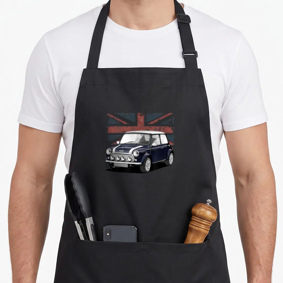 Sport flag car apron - Realistic dark blue classic car over distressed red white and blue flag — shown on a black cotton canvas apron against a white background