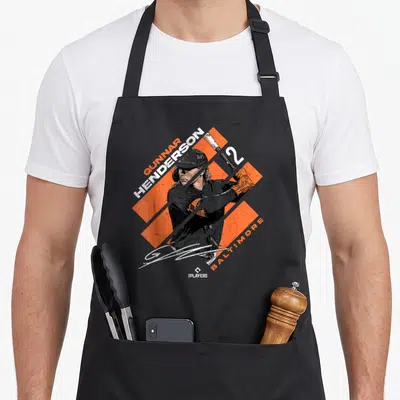 Gunnar henderson kentucky apron - Distressed baseball player in orange diamond with GUNNAR HENDERSON BALTIMORE text — shown on a black cotton canvas apron against a white background