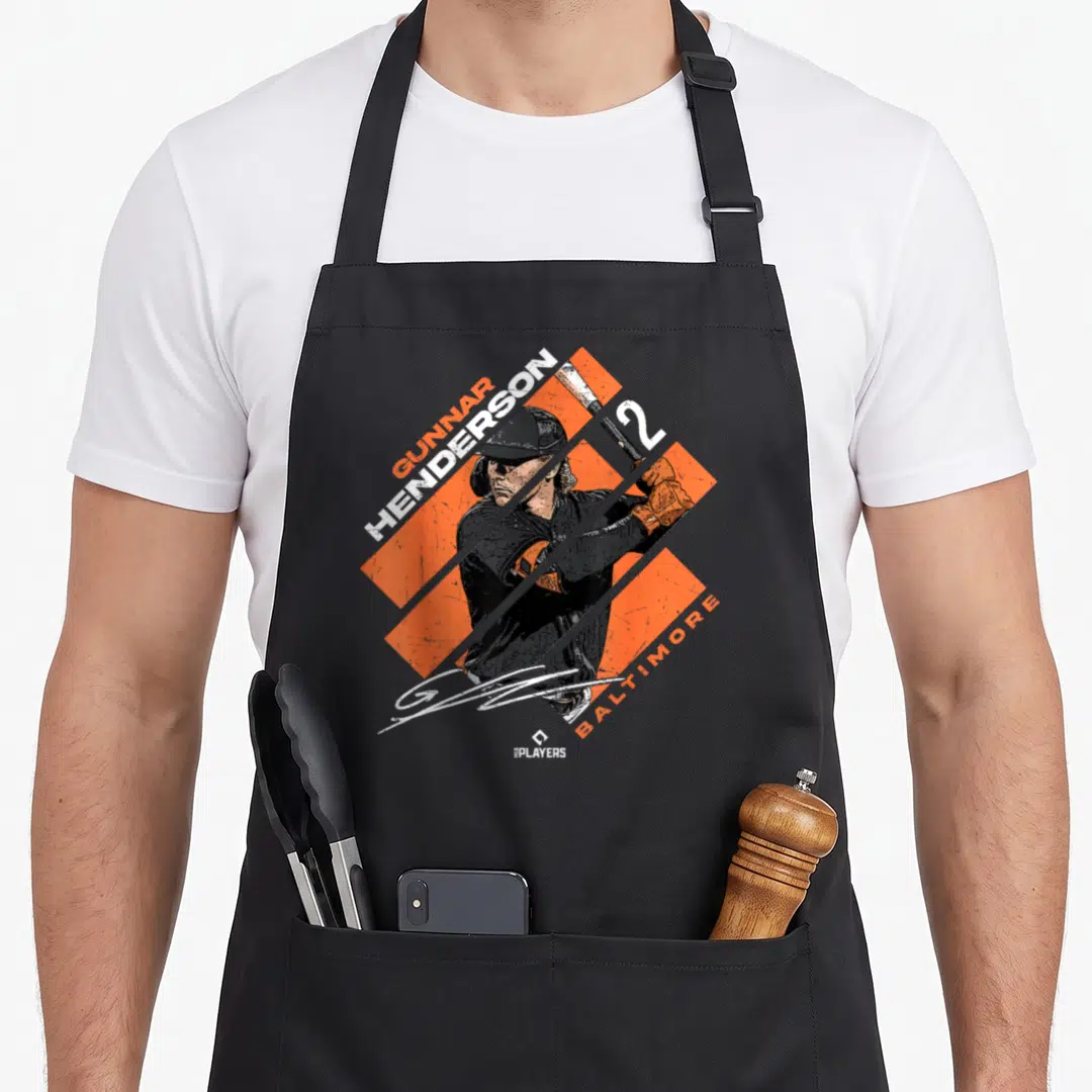 Gunnar henderson kentucky apron - Distressed baseball player in orange diamond with GUNNAR HENDERSON BALTIMORE text — shown on a black cotton canvas apron against a white background
