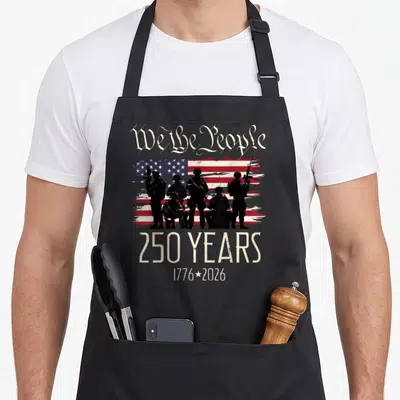 250th american flag apron - Five black soldier silhouettes standing before distressed red white blue flag with We — shown on a black cotton canvas apron against a white background