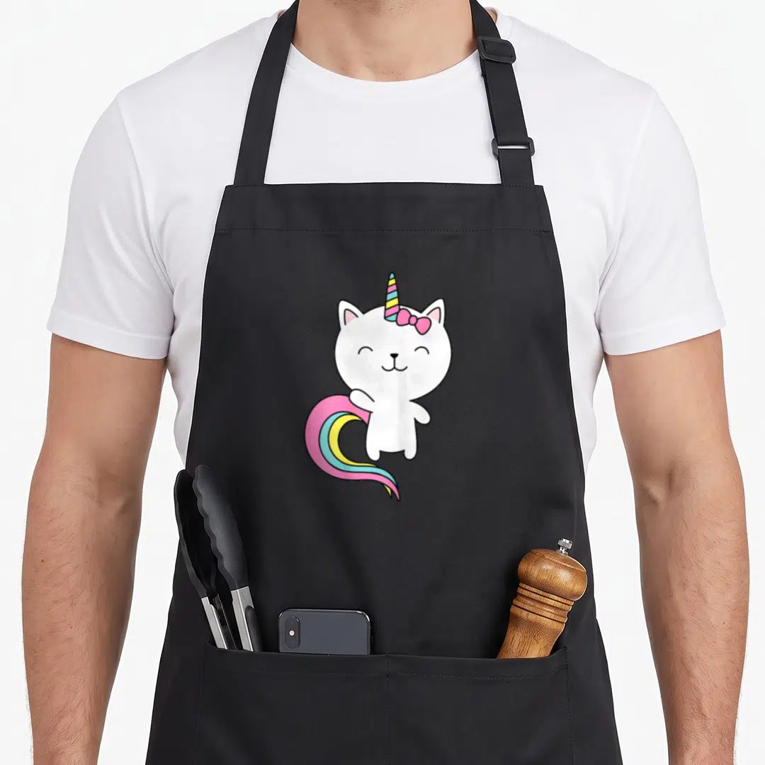 Caticorn cat apron - White cartoon cat-unicorn with striped horn and rainbow tail on black background — shown on a black cotton canvas apron against a white background