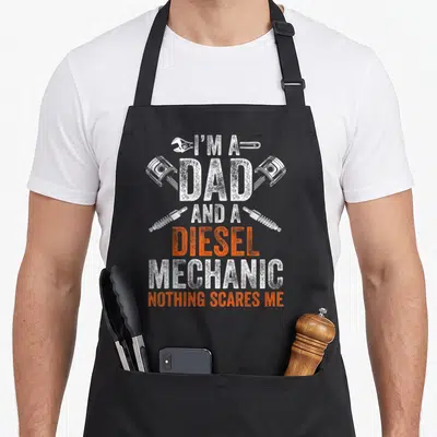 Halloween father day apron - I'M A DAD AND A DIESEL MECHANIC NOTHING SCARES ME with pistons and shocks in distressed — shown on a black cotton canvas apron against a white background