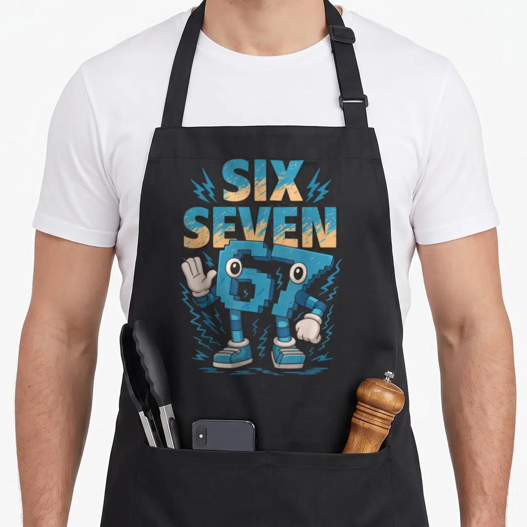 Meme italian apron - SIX SEVEN pixel character with lightning bolts in blue orange white cartoon style — shown on a black cotton canvas apron against a white background