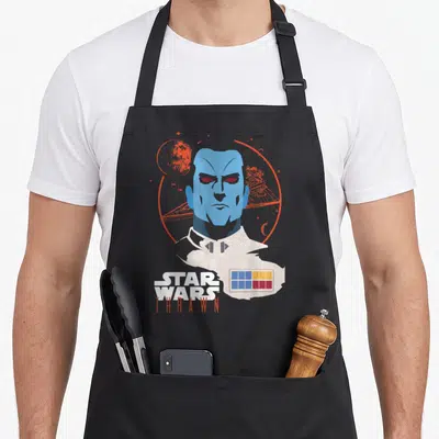 Admiral x apron - Minimalist blue Thrawn bust with orange circle, planet, ship, and STAR WARS THRAWN text — shown on a black cotton canvas apron against a white background