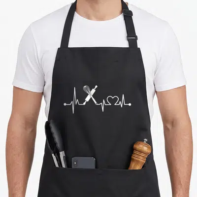 Rolling baker apron - White heartbeat line with crossed whisk and rolling pin and heart shape — shown on a black cotton canvas apron against a white background