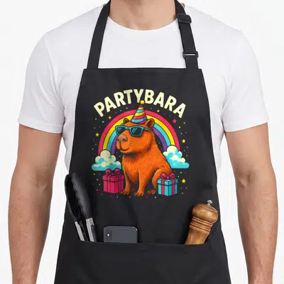 Partybara birthday apron - Cartoon orange capybara in sunglasses and party hat with rainbow and gifts under PARTYBARA — shown on a black cotton canvas apron against a white background
