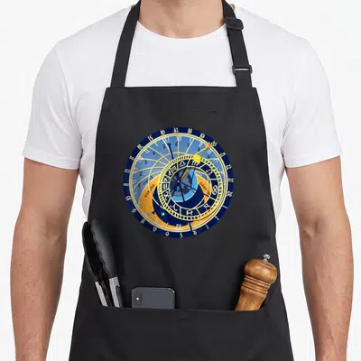 Astronomical prague apron - Circular blue gold clock face with Latin text ORTUS and zodiac symbols — shown on a black cotton canvas apron against a white background