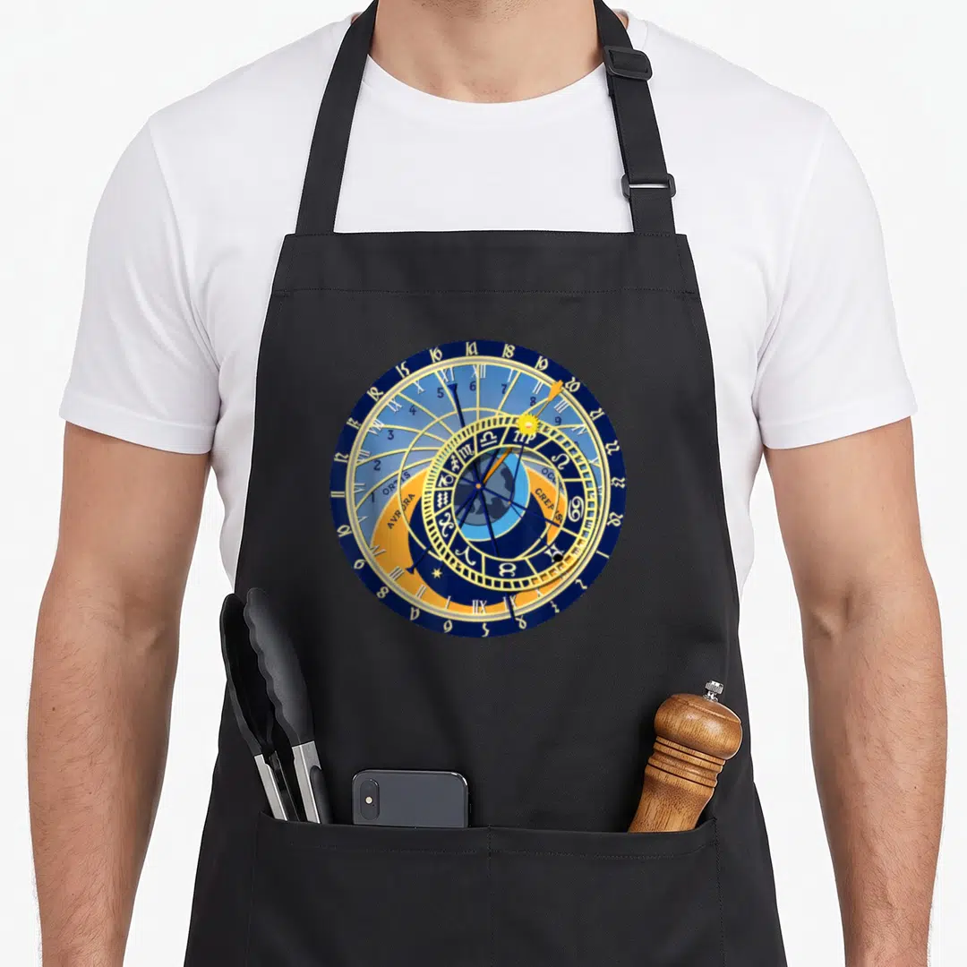 Astronomical prague apron - Circular blue gold clock face with Latin text ORTUS and zodiac symbols — shown on a black cotton canvas apron against a white background