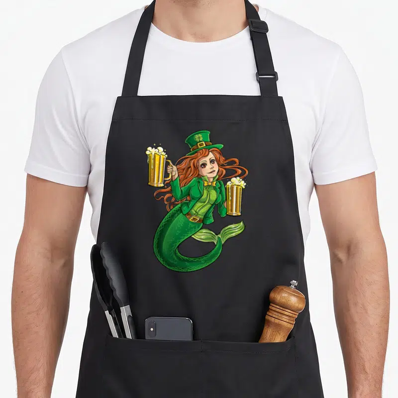 Mermaid st patrick day aprons - Cartoon mermaid in green hat holding two beer mugs on black apron — shown on a black cotton canvas apron against a white background