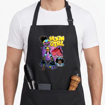Moon super hero aprons - Moon Girl in roller skates with Devil Dinosaur and Lunella portraits against a purple brick — shown on a black cotton canvas apron against a white background
